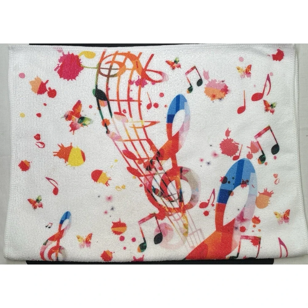 Vibrant C-Clefs, Music Notes, Butterflies on Microfiber Kitchen Hand Towel NWOT